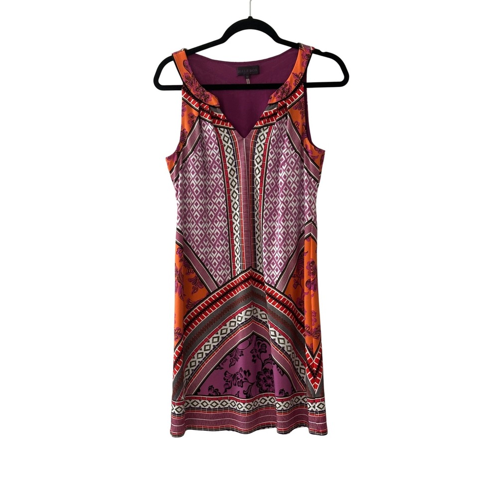 Hale Bob Womens‎ Purple Orange Geometric Floral Scarf Print V-Neck Shift Dress M